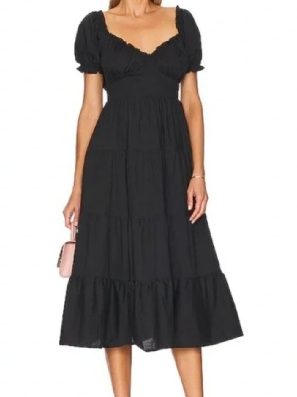 Astr Black Cinched Bust Puff Sleeve Tiered Midi Dress Size S